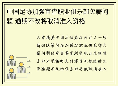 中国足协加强审查职业俱乐部欠薪问题 逾期不改将取消准入资格